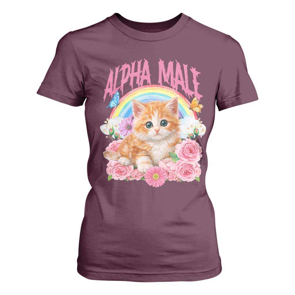 Alpha Male Funny Cat T Shirt For Women Vintage 90s Kitten Rainbow Floral Butterflies