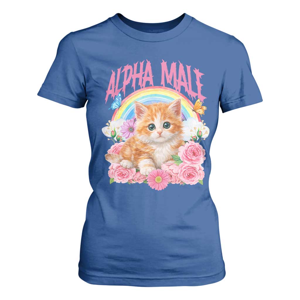 Alpha Male Funny Cat T Shirt For Women Vintage 90s Kitten Rainbow Floral Butterflies