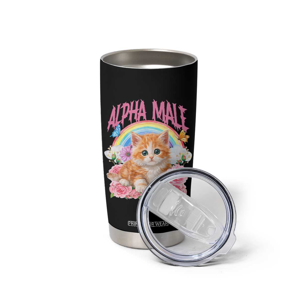 Alpha Male Funny Cat Tumbler Cup Vintage 90s Kitten Rainbow Floral Butterflies