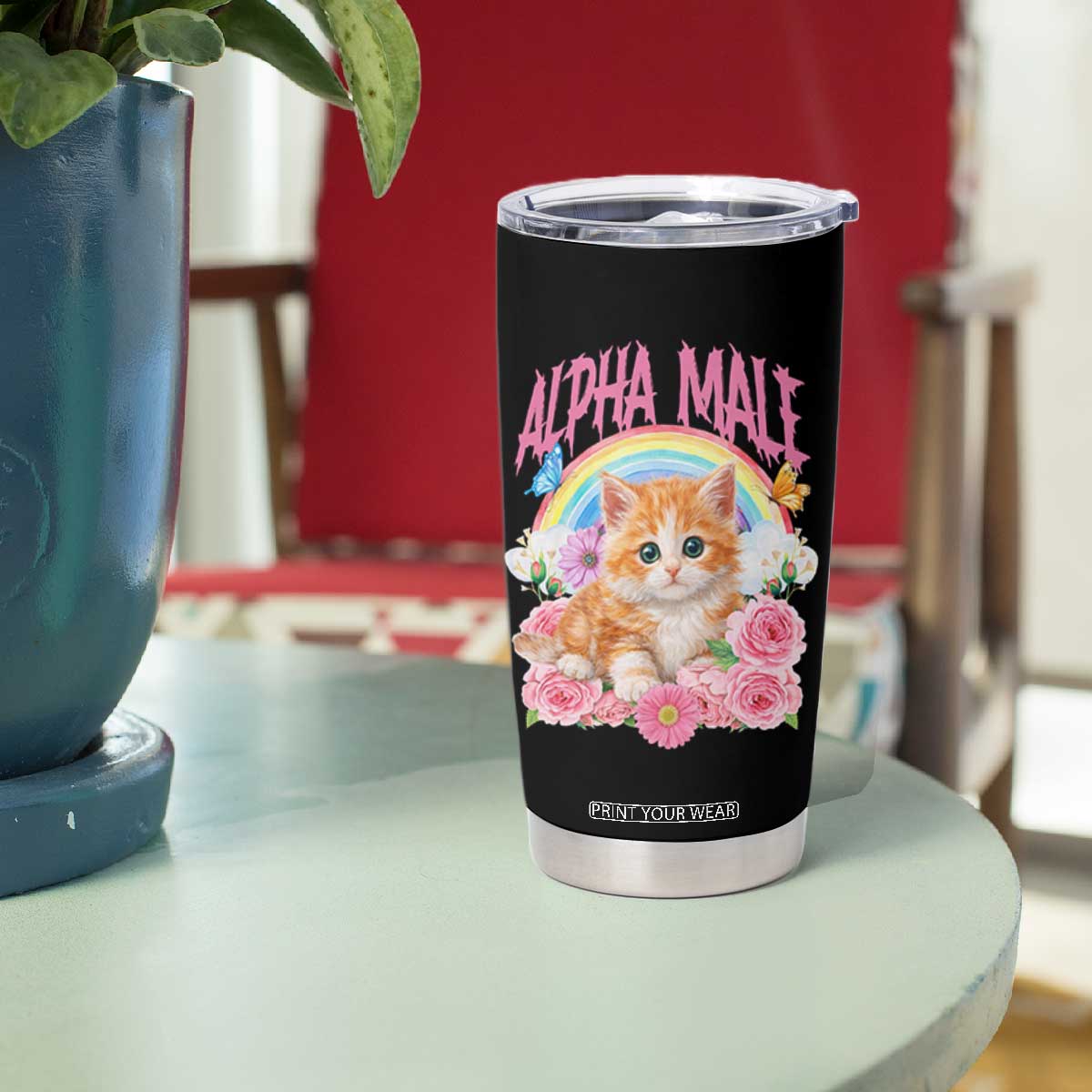 Alpha Male Funny Cat Tumbler Cup Vintage 90s Kitten Rainbow Floral Butterflies