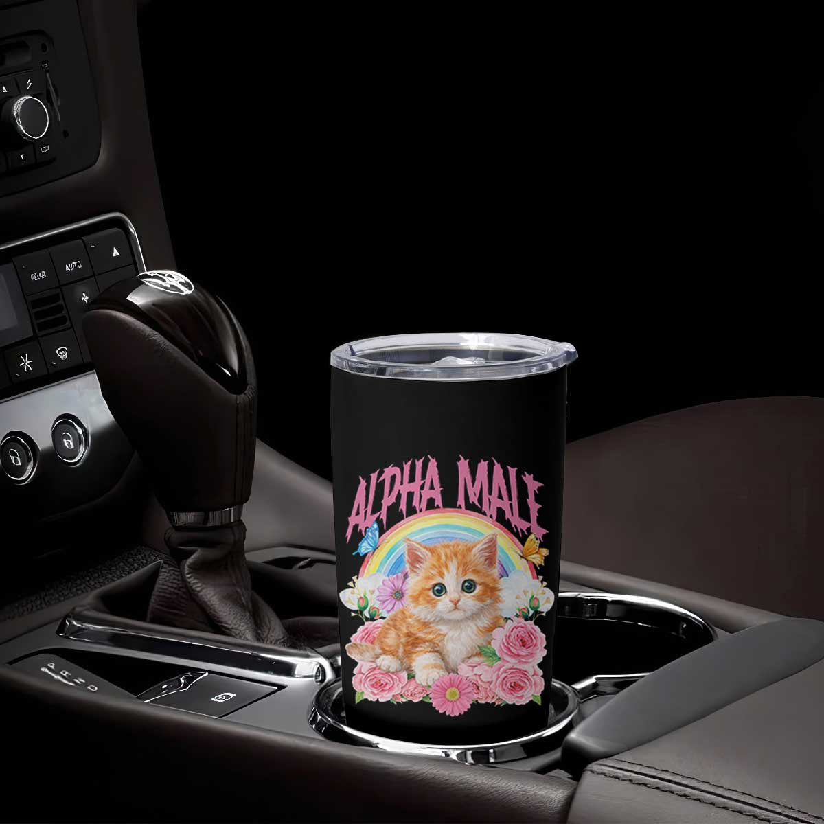 Alpha Male Funny Cat Tumbler Cup Vintage 90s Kitten Rainbow Floral Butterflies