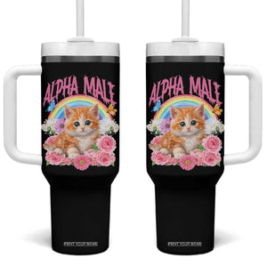 Alpha Male Funny Cat Tumbler With Handle Vintage 90s Kitten Rainbow Floral Butterflies