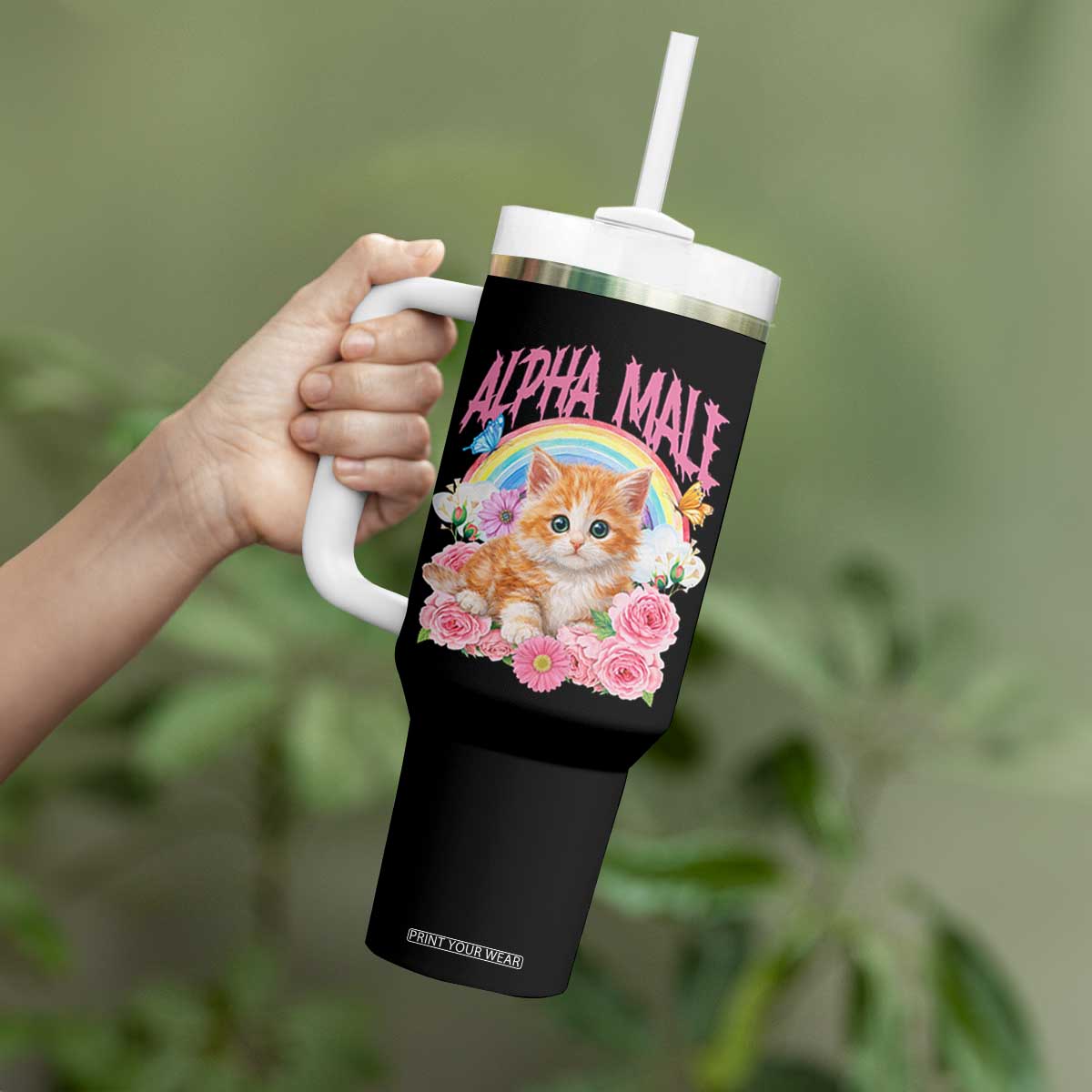 Alpha Male Funny Cat Tumbler With Handle Vintage 90s Kitten Rainbow Floral Butterflies
