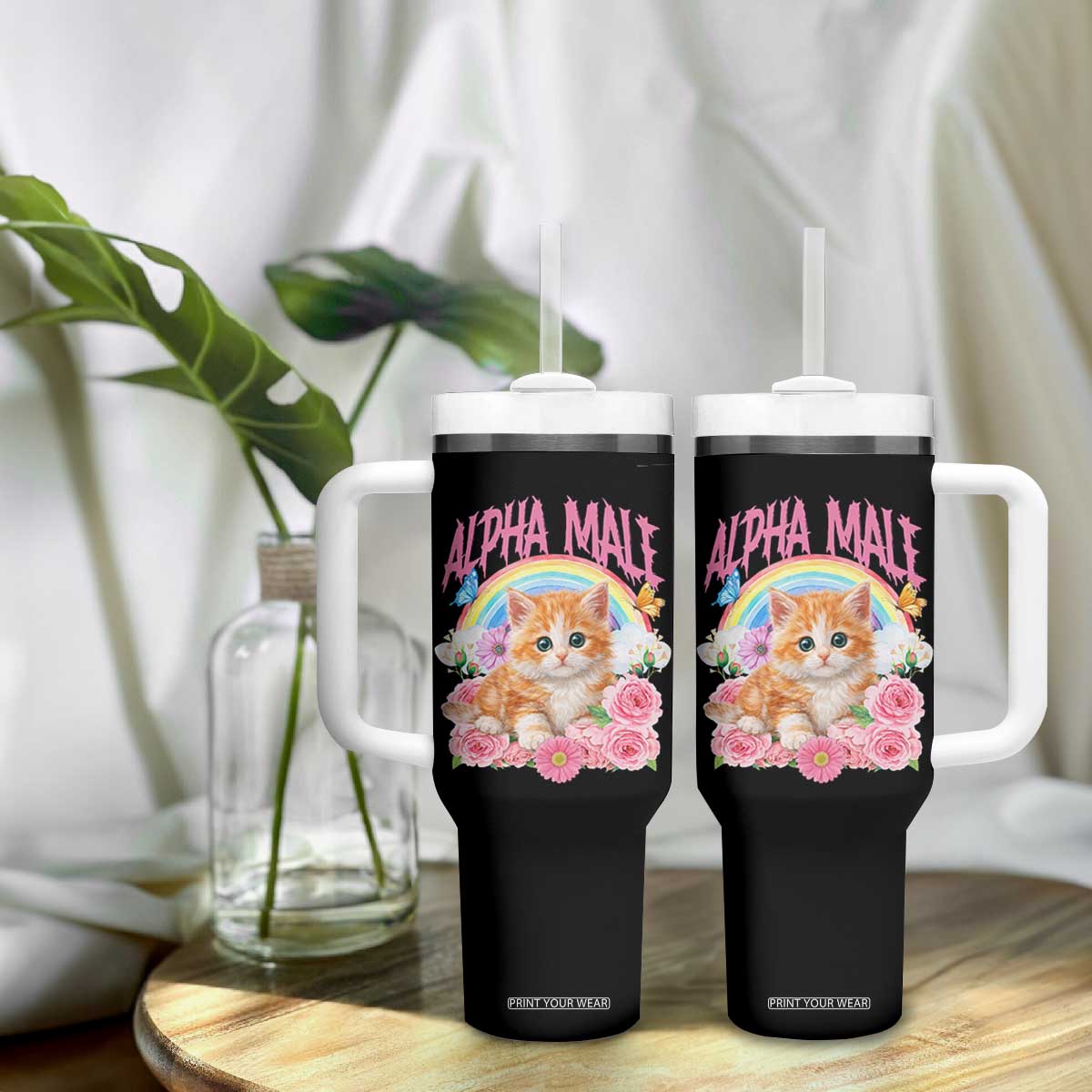 Alpha Male Funny Cat Tumbler With Handle Vintage 90s Kitten Rainbow Floral Butterflies