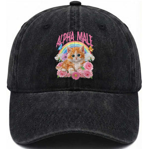 Alpha Male Funny Cat Washed Cotton Baseball Cap Vintage 90s Kitten Rainbow Floral Butterflies
