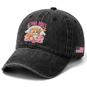 Alpha Male Funny Cat Washed Cotton Baseball Cap Vintage 90s Kitten Rainbow Floral Butterflies