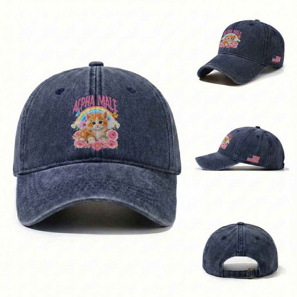 Alpha Male Funny Cat Washed Cotton Baseball Cap Vintage 90s Kitten Rainbow Floral Butterflies