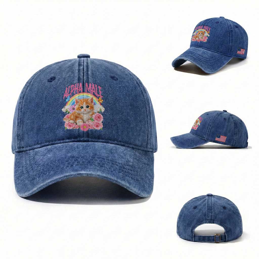 Alpha Male Funny Cat Washed Cotton Baseball Cap Vintage 90s Kitten Rainbow Floral Butterflies