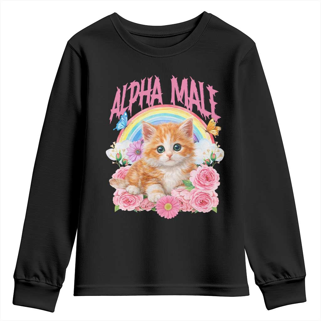 Alpha Male Funny Cat Youth Sweatshirt Vintage 90s Kitten Rainbow Floral Butterflies TS11 Black Print Your Wear