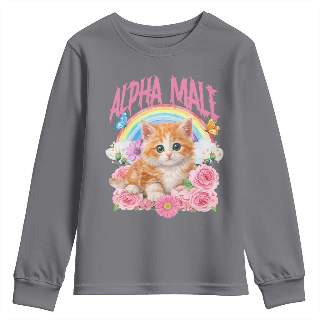 Alpha Male Funny Cat Youth Sweatshirt Vintage 90s Kitten Rainbow Floral Butterflies