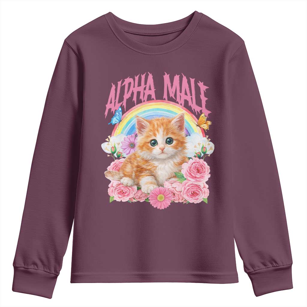 Alpha Male Funny Cat Youth Sweatshirt Vintage 90s Kitten Rainbow Floral Butterflies