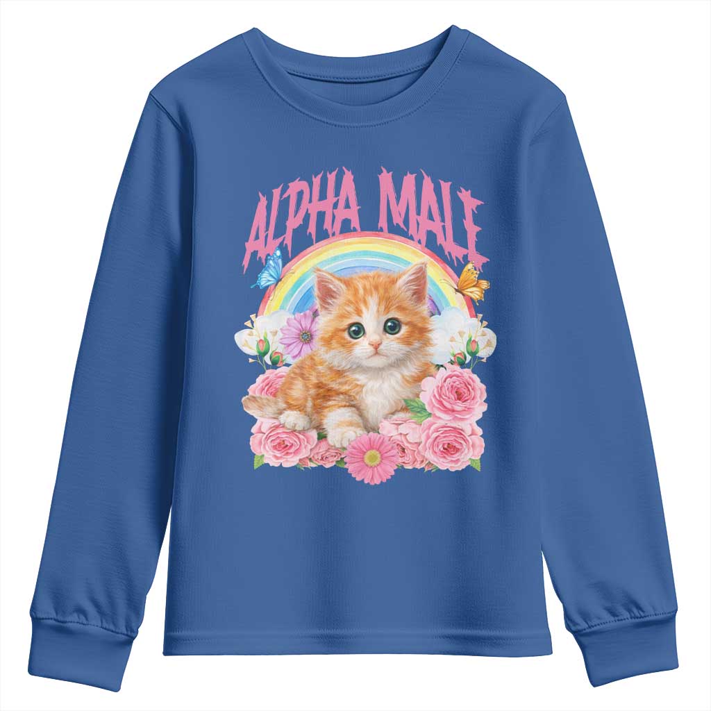 Alpha Male Funny Cat Youth Sweatshirt Vintage 90s Kitten Rainbow Floral Butterflies
