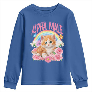 Alpha Male Funny Cat Youth Sweatshirt Vintage 90s Kitten Rainbow Floral Butterflies