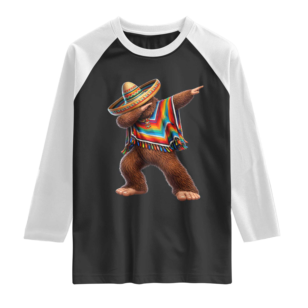 Mexican Bigfoot Dabbing Cinco de Mayo Funny Fiesta Raglan Shirt TS11 Black White Print Your Wear