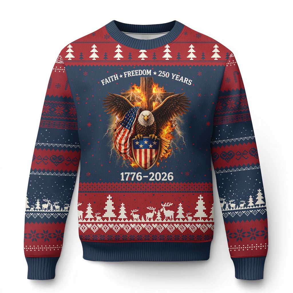 Faith Freedom 250 Years Ugly Christmas Sweater Christian USA Independence 1776 2026 Bald Eagle TS11 Navy Red Print Your Wear