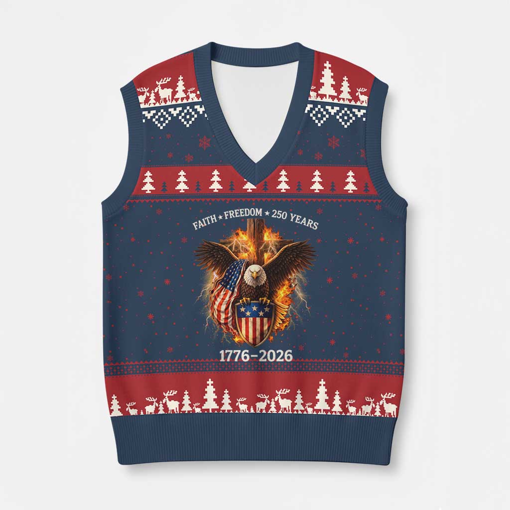 Faith Freedom 250 Years V-Neck Knit Sweater Vest Christian USA Independence 1776 2026 Bald Eagle TS11 Navy Red Print Your Wear