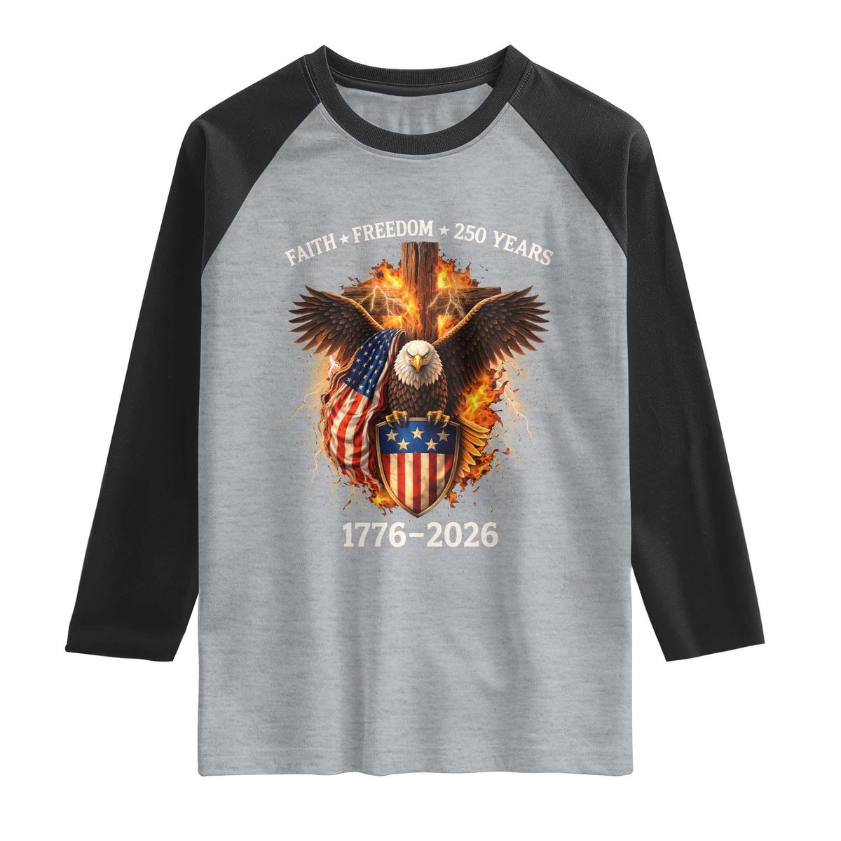 Faith Freedom 250 Years Raglan Shirt Christian USA Independence 1776 2026 Bald Eagle TS11 Heather Gray Black Print Your Wear
