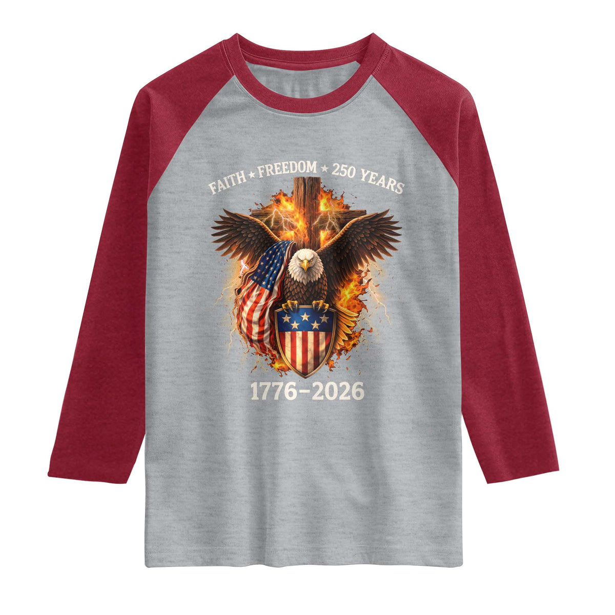 Faith Freedom 250 Years Raglan Shirt Christian USA Independence 1776 2026 Bald Eagle TS11 Heather Gray Heather Red Print Your Wear