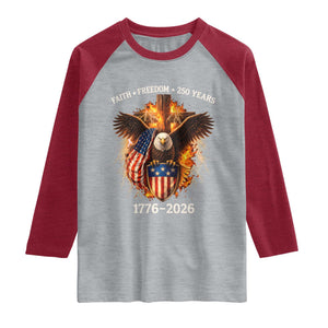 Faith Freedom 250 Years Raglan Shirt Christian USA Independence 1776 2026 Bald Eagle TS11 Heather Gray Heather Red Print Your Wear
