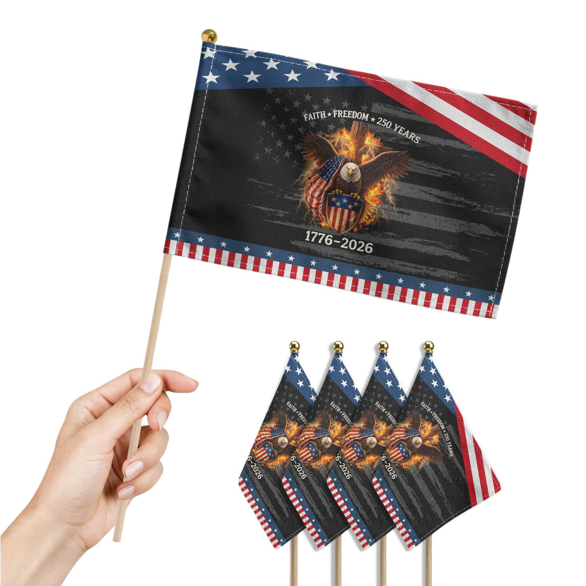 Faith Freedom 250 Years Patriotic Handheld Flag Christian USA Independence 1776 2026 Bald Eagle TS11 Print Your Wear