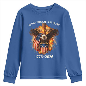 Faith Freedom 250 Years Youth Sweatshirt Christian USA Independence 1776 2026 Bald Eagle TS11 Royal Blue Print Your Wear