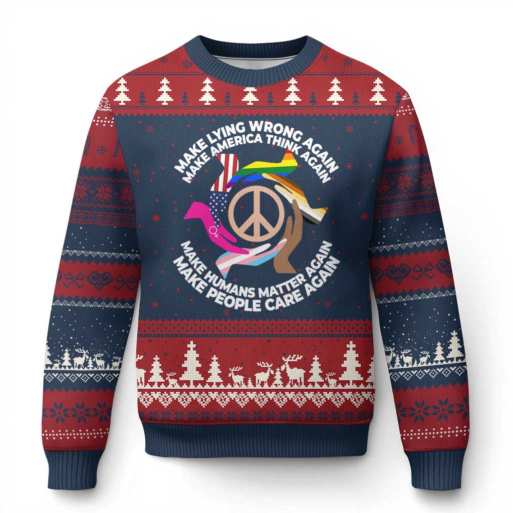 Make Lying Wrong Again Make America Think Again Ugly Christmas Sweater Humans Rights Hand Peace TS11 Navy Red Print Your Wear