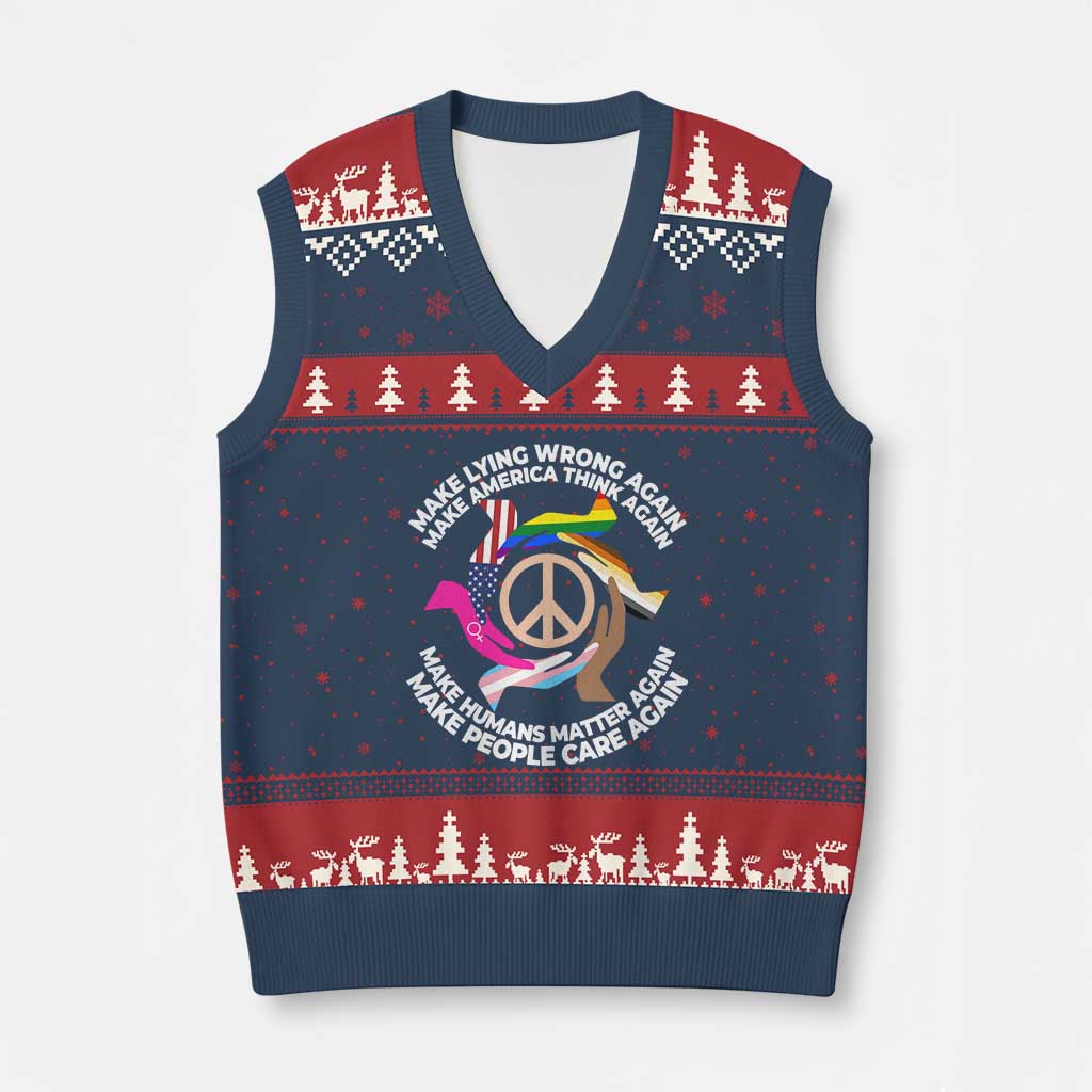 Make Lying Wrong Again Make America Think Again V-Neck Knit Sweater Vest Humans Rights Hand Peace TS11 Navy Red Print Your Wear