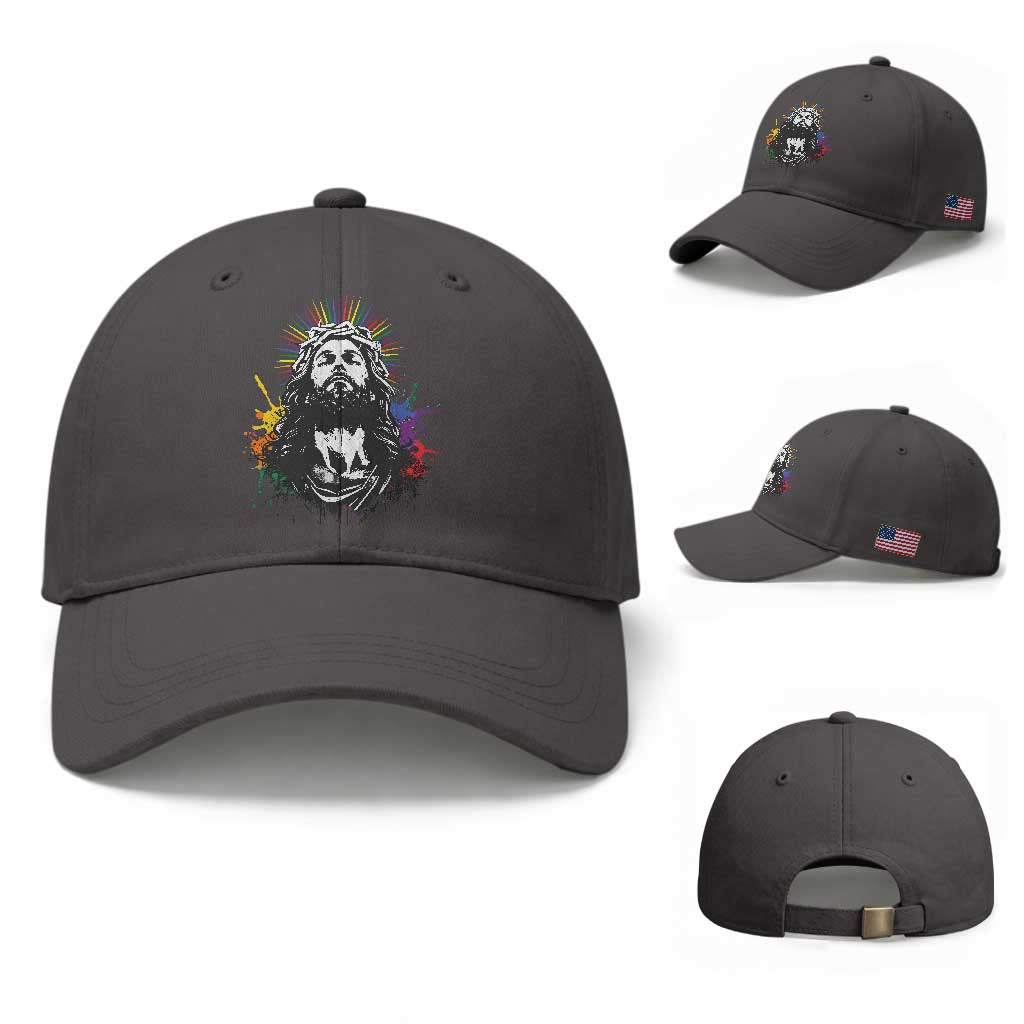 Funny LGBT Gay Pride Jesus Rainbow Flag Christian Baseball Cap TS11 Baseball Cap Universal Fit Dark Gray Print Your Wear
