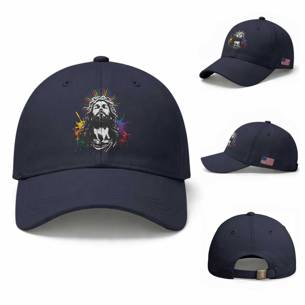 Funny LGBT Gay Pride Jesus Rainbow Flag Christian Baseball Cap TS11 Baseball Cap Universal Fit Navy Print Your Wear