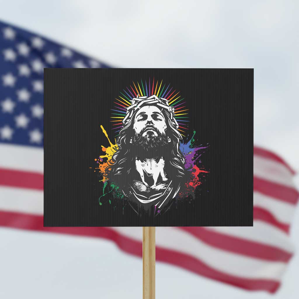 Funny LGBT Gay Pride Jesus Rainbow Flag Christian Protest Sign TS11 Horizontal 18