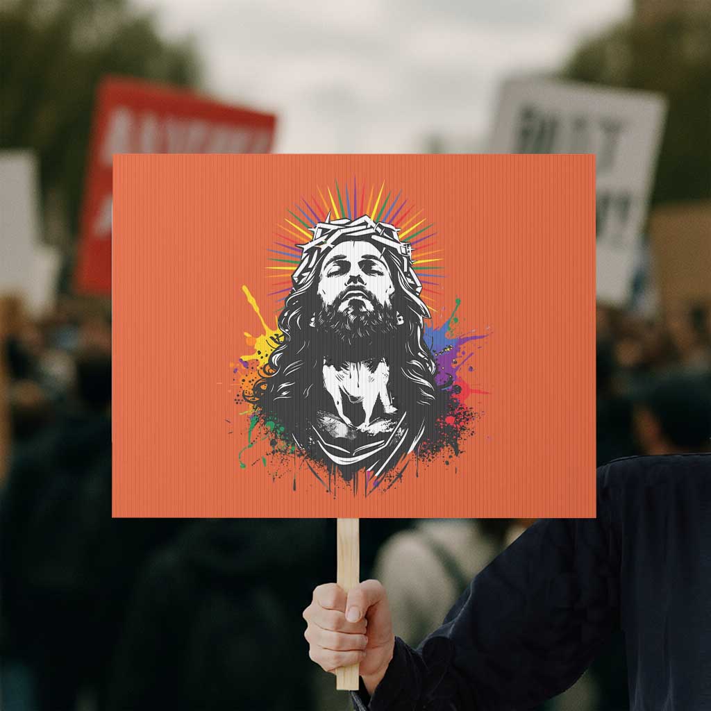 Funny LGBT Gay Pride Jesus Rainbow Flag Christian Protest Sign TS11 Horizontal 18