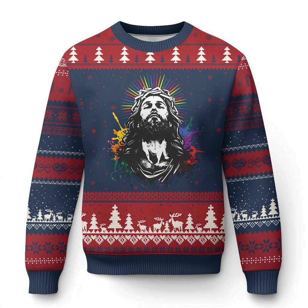 Funny LGBT Gay Pride Jesus Rainbow Flag Christian Ugly Christmas Sweater TS11 Navy Red Print Your Wear