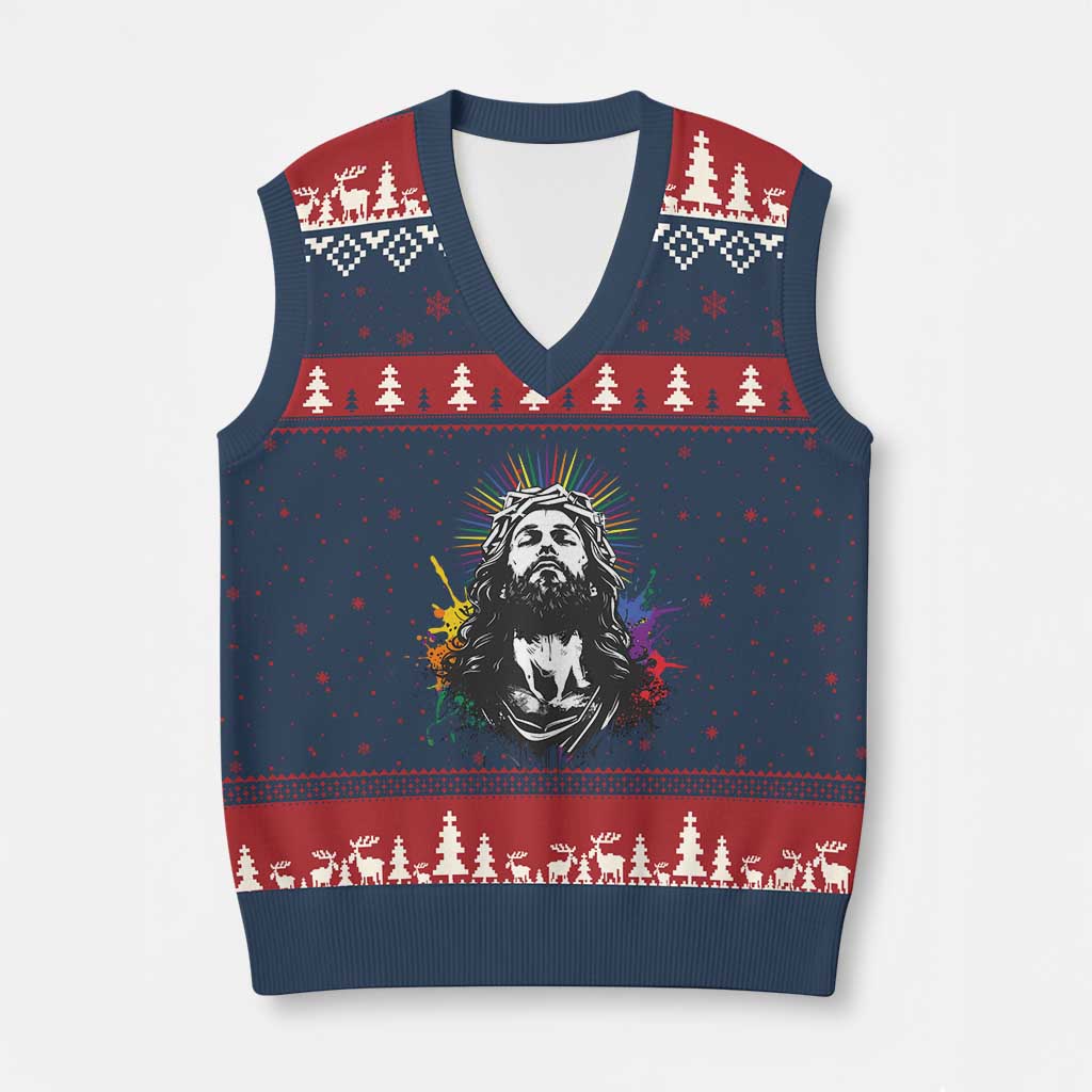 Funny LGBT Gay Pride Jesus Rainbow Flag Christian V-Neck Knit Sweater Vest TS11 Navy Red Print Your Wear