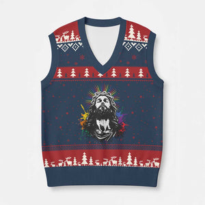 Funny LGBT Gay Pride Jesus Rainbow Flag Christian V-Neck Knit Sweater Vest TS11 Navy Red Print Your Wear