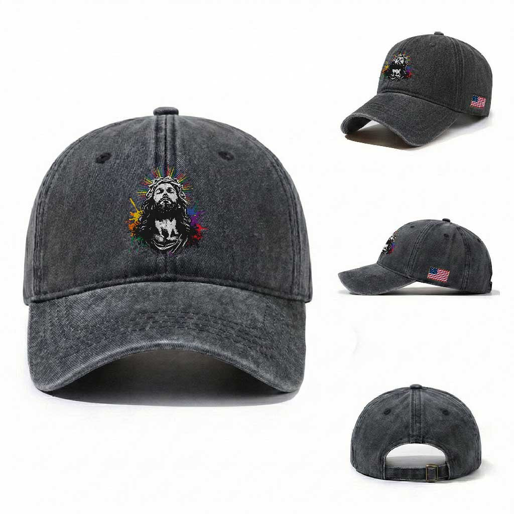 Funny LGBT Gay Pride Jesus Rainbow Flag Christian Washed Cotton Baseball Cap TS11 Washed Cap Universal Fit Dark Gray Print Your Wear