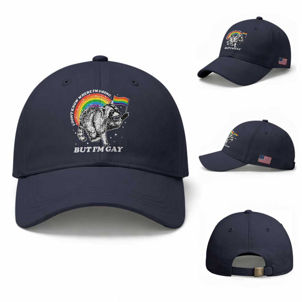 Funny Pride LGBT Racoon Baseball Cap I Don't Know Where I'm Going But I'm Gay Rainbow TS11 Baseball Cap Universal Fit Navy Print Your Wear