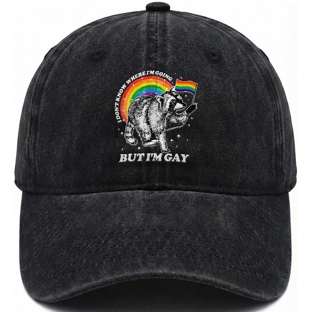 Funny Pride LGBT Racoon Washed Cotton Baseball Cap I Don't Know Where I'm Going But I'm Gay Rainbow TS11 Print Your Wear