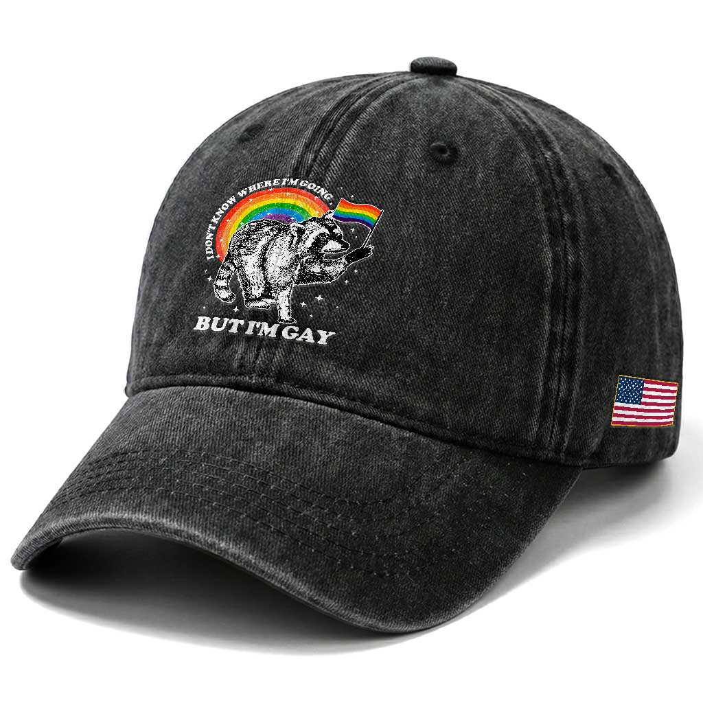 Funny Pride LGBT Racoon Washed Cotton Baseball Cap I Don't Know Where I'm Going But I'm Gay Rainbow TS11 Print Your Wear