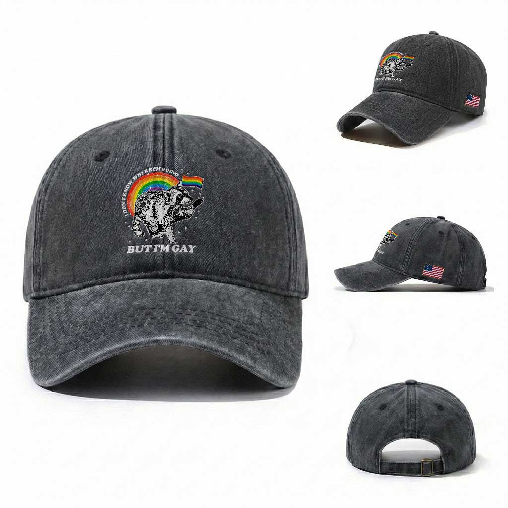 Funny Pride LGBT Racoon Washed Cotton Baseball Cap I Don't Know Where I'm Going But I'm Gay Rainbow TS11 Washed Cap Universal Fit Dark Gray Print Your Wear
