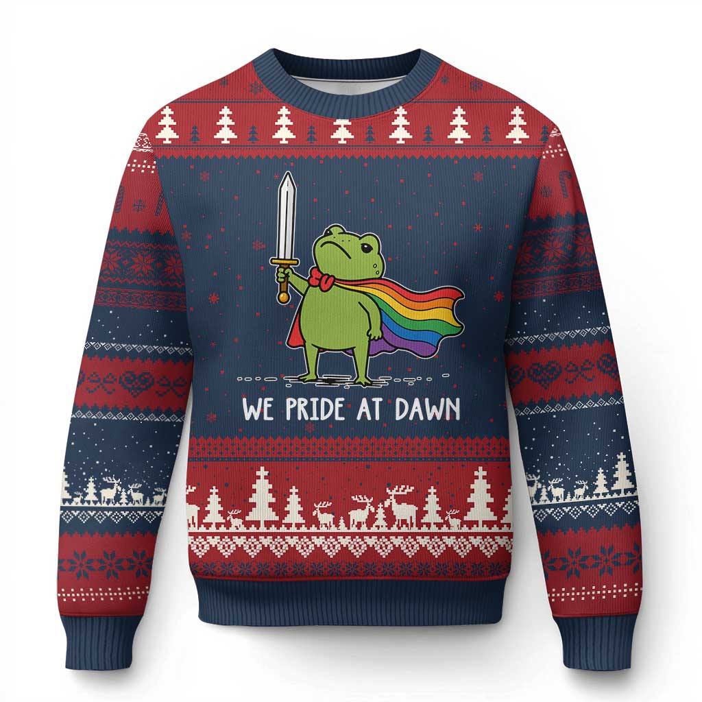 We Pride At Dawn Ugly Christmas Sweater Funny LGBT Frog Rainbow Pride Month TS11 Navy Red Print Your Wear
