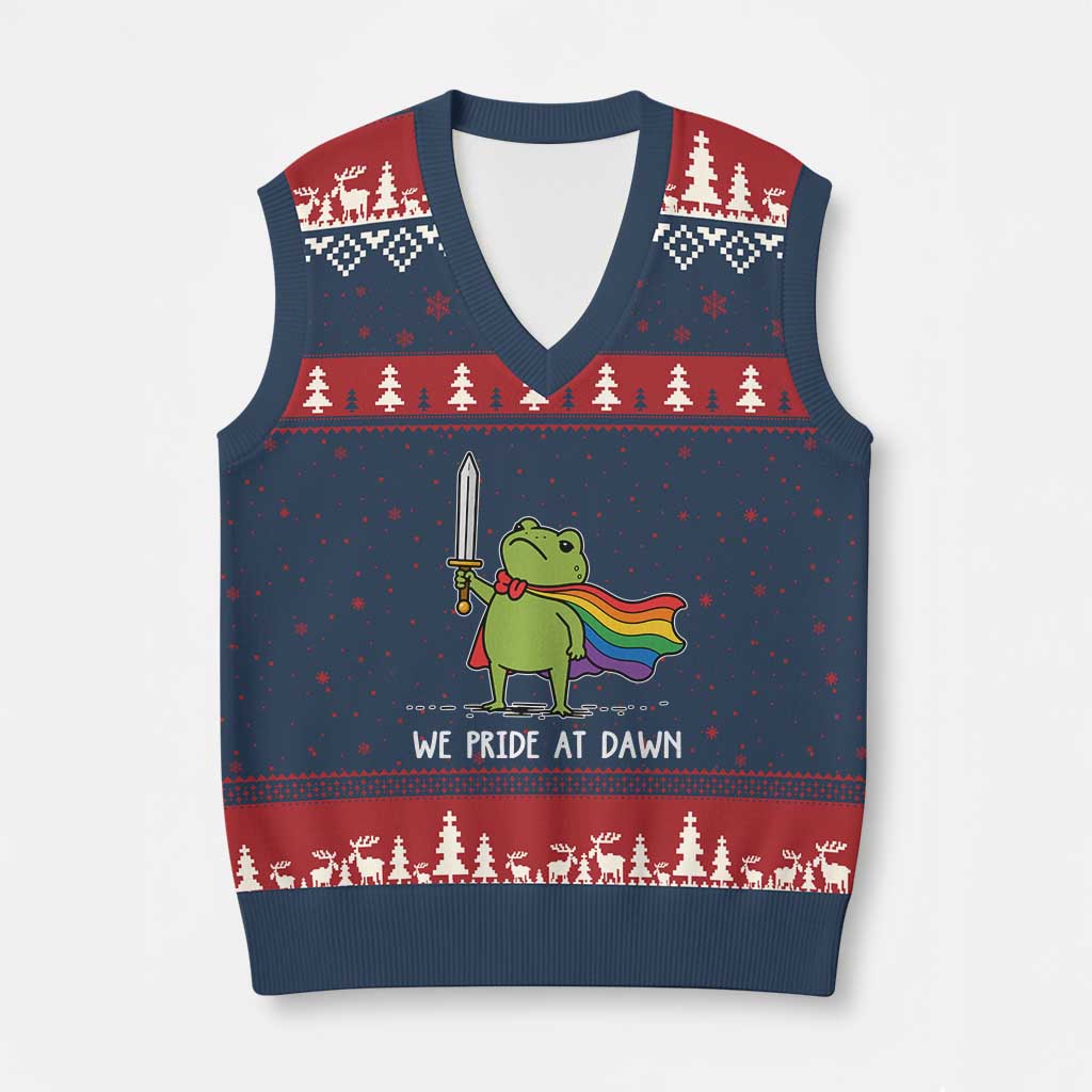 We Pride At Dawn V-Neck Knit Sweater Vest Funny LGBT Frog Rainbow Pride Month TS11 Navy Red Print Your Wear