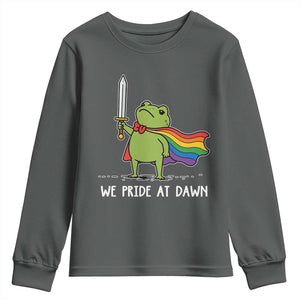 We Pride At Dawn Youth Sweatshirt Funny LGBT Frog Rainbow Pride Month TS11 Dark Heather Print Your Wear