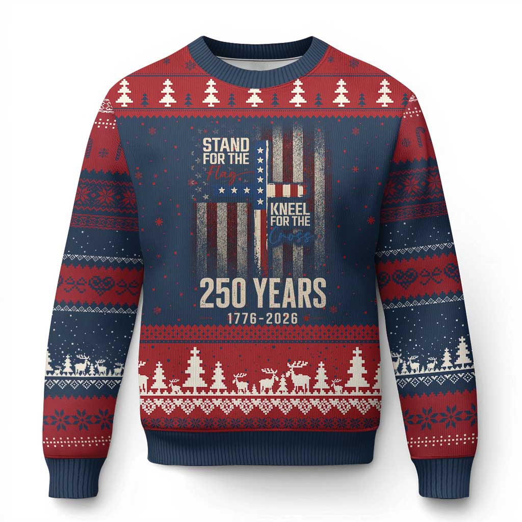 God 250th Anniversary USA Ugly Christmas Sweater Stand For The Flag Kneel For The Cross