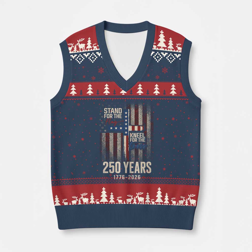God 250th Anniversary USA V-Neck Knit Sweater Vest Stand For The Flag Kneel For The Cross