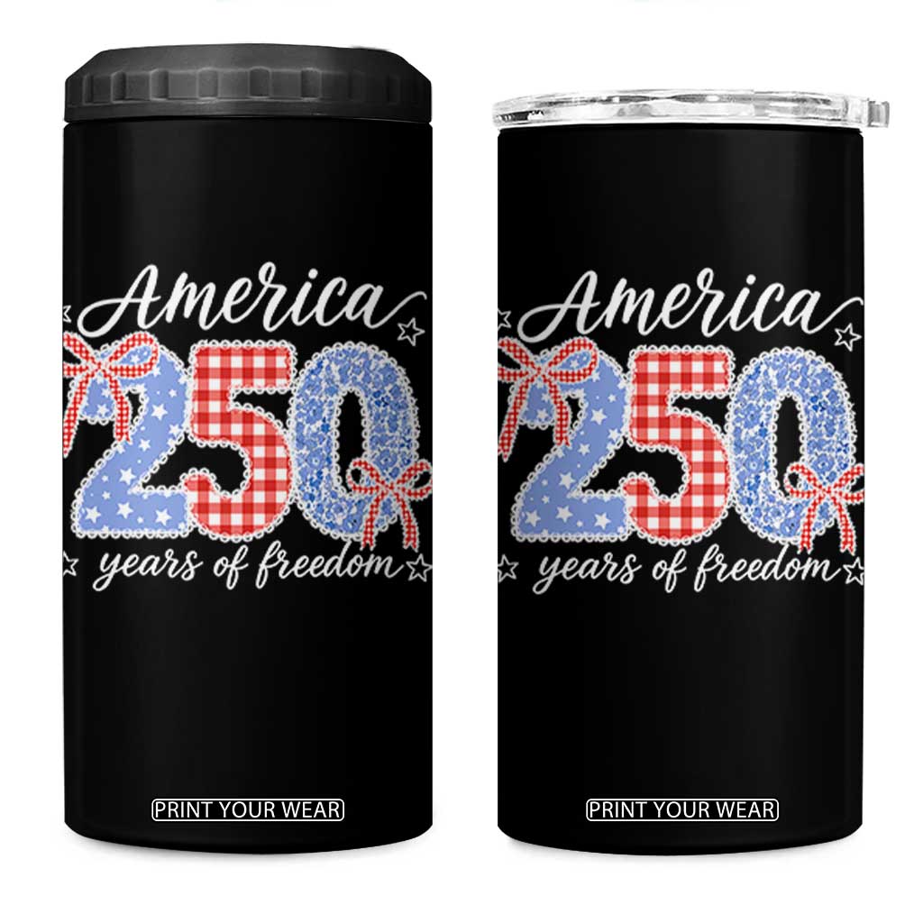 Girly America 250 Years Of Freedom 4 in 1 Can Cooler Tumbler 4th of July Coquette Bow