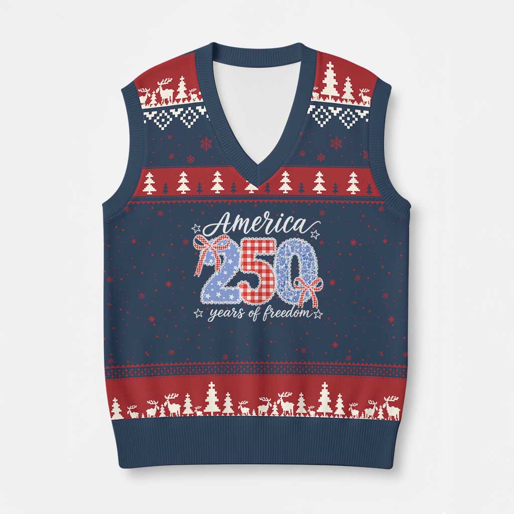 Girly America 250 Years Of Freedom V-Neck Knit Sweater Vest 4th of July Coquette Bow