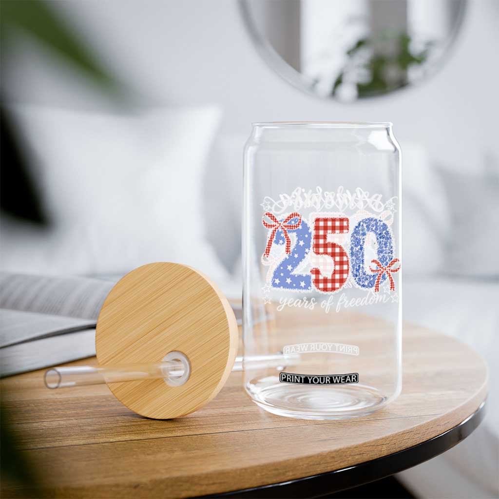 Girly America 250 Years Of Freedom Glass Can 4th of July Coquette Bow