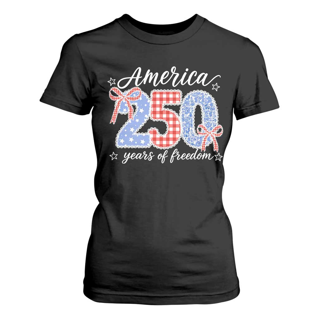 Girly America 250 Years Of Freedom T Shirt For Women 4th of July Coquette Bow