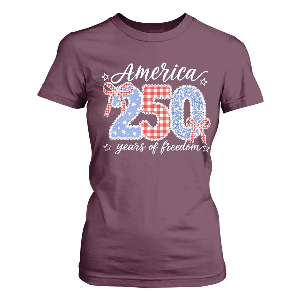 Girly America 250 Years Of Freedom T Shirt For Women 4th of July Coquette Bow