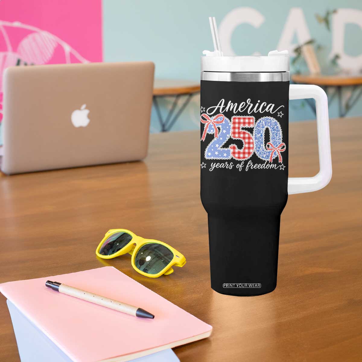 Girly America 250 Years Of Freedom Tumbler With Handle 4th of July Coquette Bow